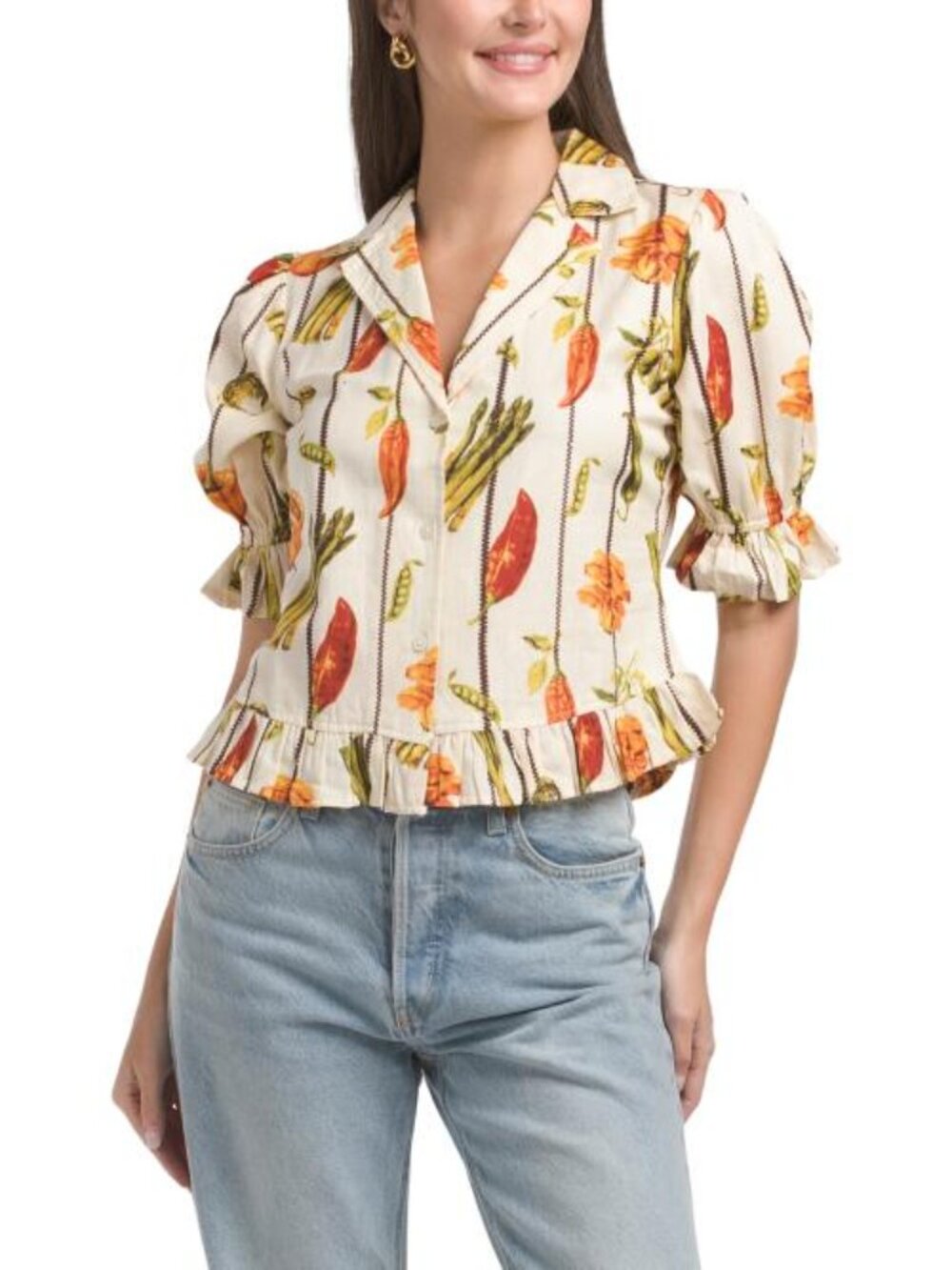 US TOGETHER Short Sleeve Ruffle Button Front Blouse